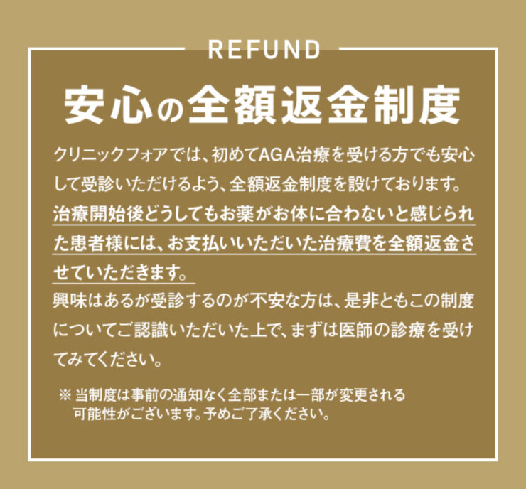 クリニックフォア全額返金保証部分のスクリーンショット