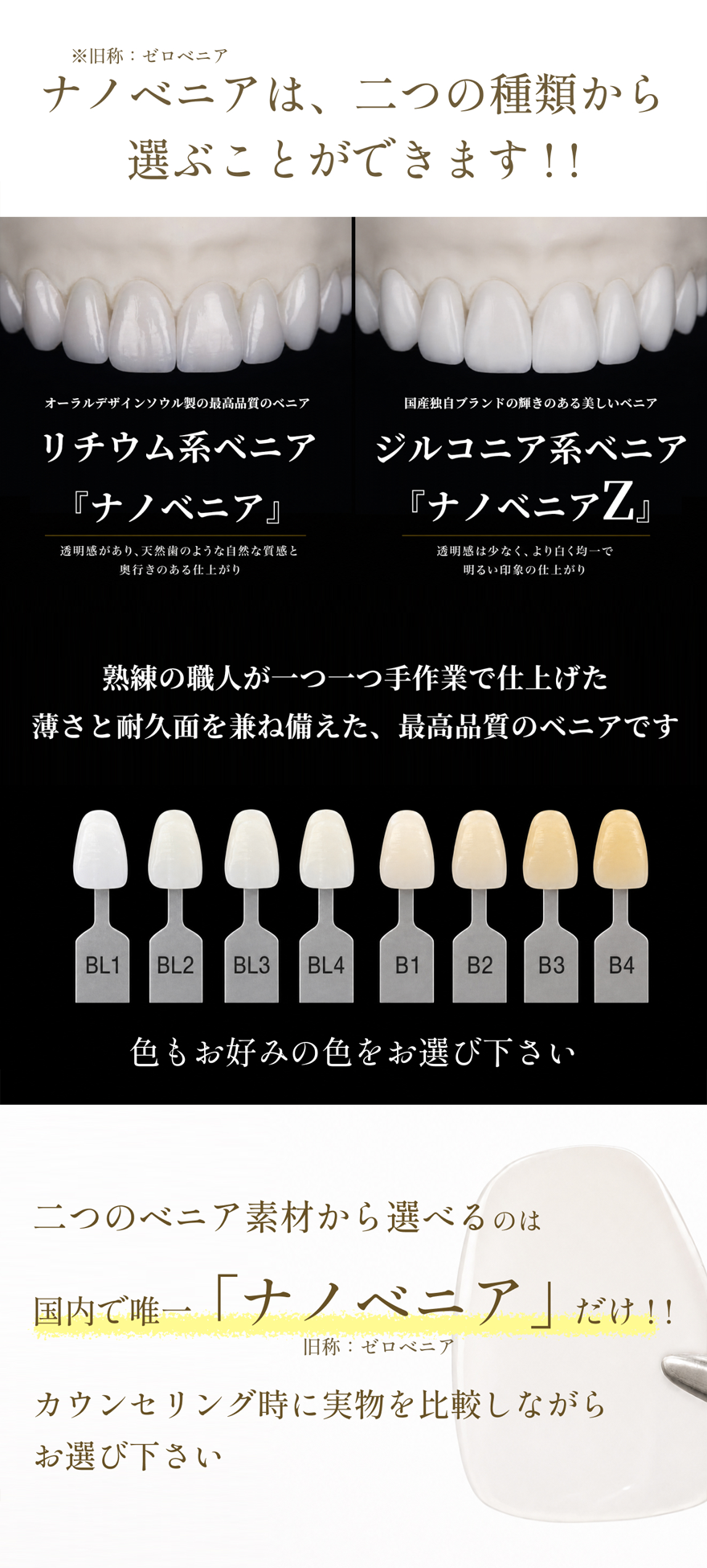 ナノベニアはリチウムジシリケート素材とジルコニア素材から選べます