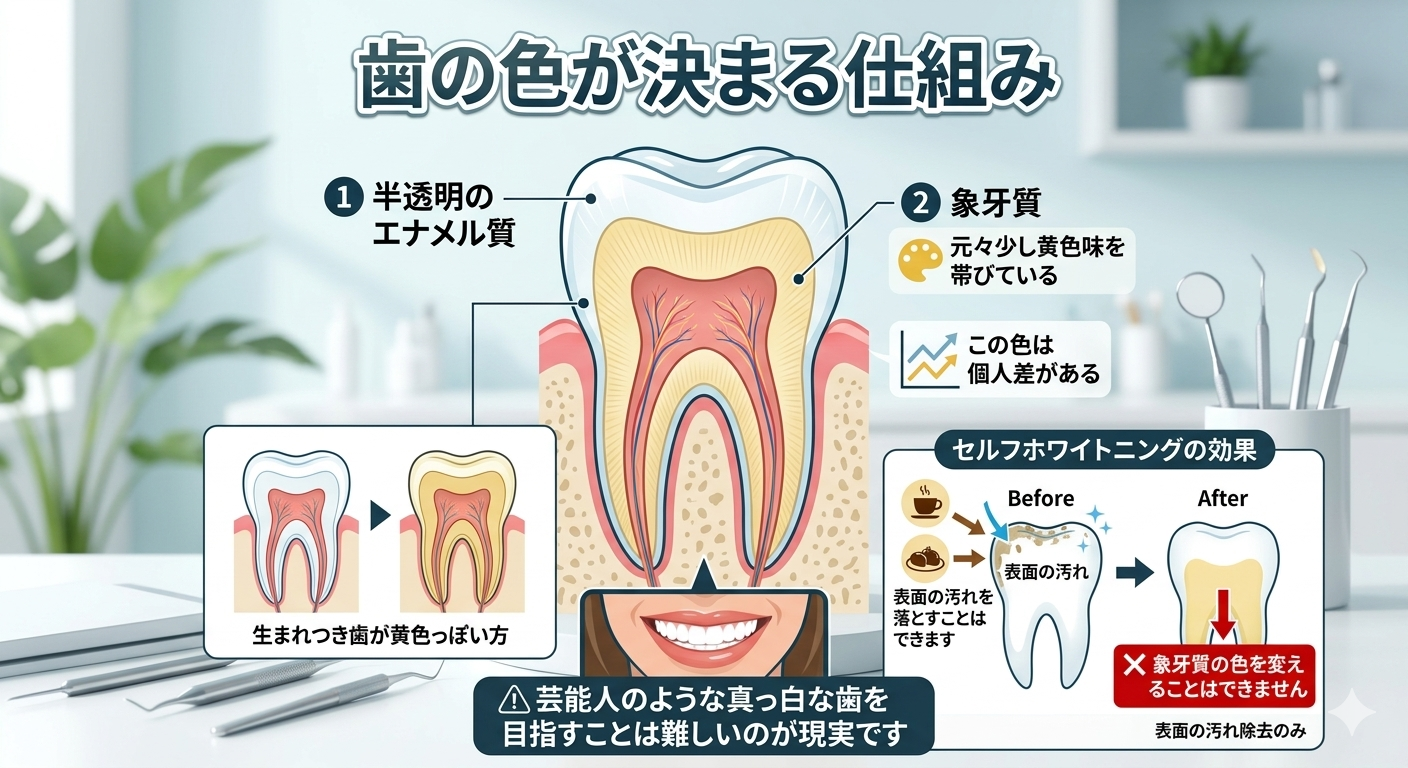 歯の色が決まる仕組み（エナメル質と象牙質、セルフホワイトニングの効果）